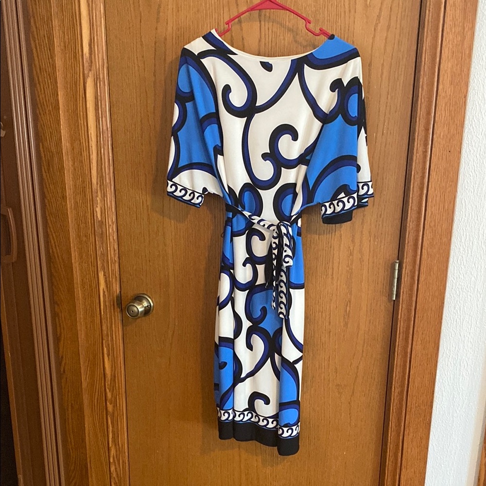 Dressbarn Blue and White Sheath Dress with Bell Sleeves
